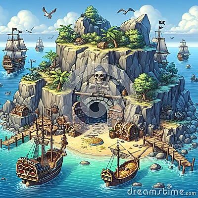 A secret pirate cove hidden within a nugged coastline, with anchored ships, concealed treasure stash, cartoon, digital art Stock Photo