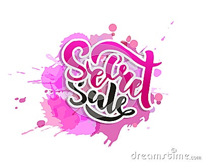 Secret Sale offer poster banner vector illustration. Text with handwritten lettering for ad, promo, web design. Bright sketch with Cartoon Illustration