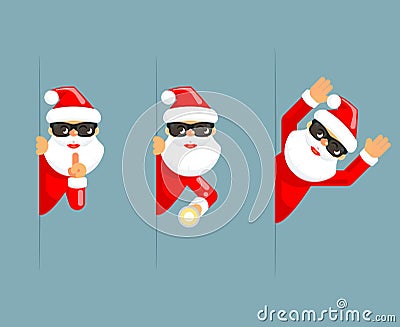 Secret santa claus flashlight peeking out corner surrender give up cartoon characters set flat design isolated vector Vector Illustration