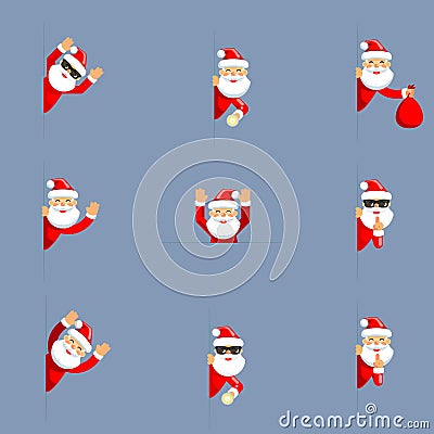 Secret santa claus peeking out corner surrender cartoon characters flat set design isolated vector illustration Vector Illustration