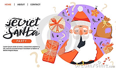 Secret Santa invitation template. Santa Claus showing to be silent gesture with gift and lettering. Vector Illustration