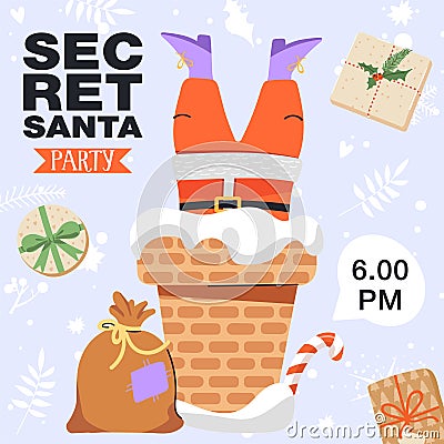 Secret Santa invitation template. Funny happy Santa Claus stuck in the chimney. Vector Illustration