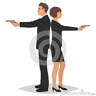 Secret Service Agents Standing Back To Back With Guns, Vector illustration Vector Illustration