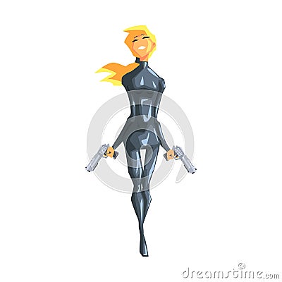 Secret Service Female Agent Posing With To Guns. Blond Woman Professional Asset On Duty. Vector Illustration