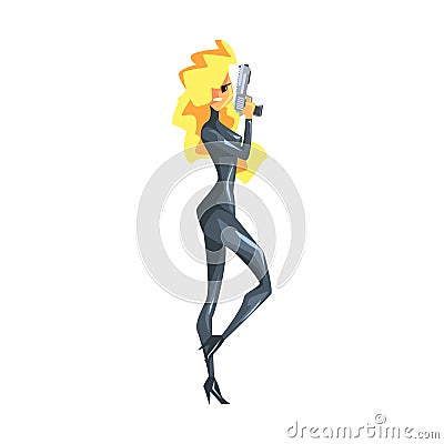 Secret Service Female Agent Taking Cover. Blond Woman Professional Asset On Duty. Vector Illustration