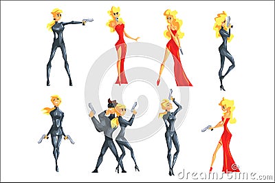 Secret Service Female Agent Undercover. Sexy Blond Woman Professional Asset In Red Fancy Dress And On Duty. Vector Illustration