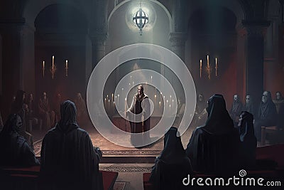 Secret society ceremony. Sect members at dark hall. Generative AI Stock Photo