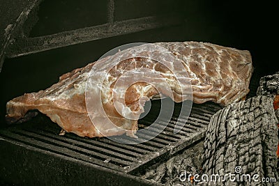 Raw pork ribs with salt, pepper and thyme ready for slow baking in the oven. Stock Photo