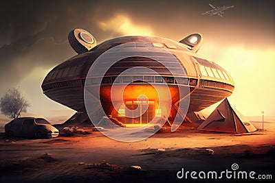 secret ufo base, with advanced craft and equipment being tested and repaired Stock Photo