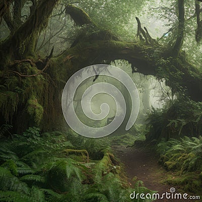 The Secret Woodland mysterious and misty forest with a hidden grove of ancient trees, each with their own unique character Stock Photo