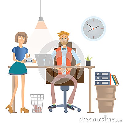 Secretary brings coffee to the boss. Man and woman in casual clothes in office interior. Vector illustration, on white Vector Illustration