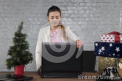 The secretary checks the contents of the boss`s briefcase Stock Photo