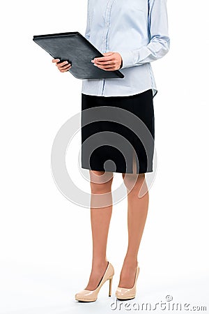 Secretary holding black leather folder. Stock Photo