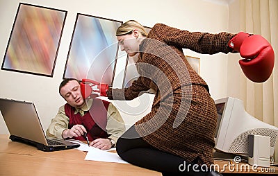 Secretary try to impact on the businessman Stock Photo