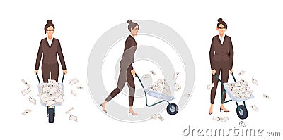 Secretary woman dressed in elegant office suit carrying wheelbarrow full of letters in envelopes. Female cartoon Vector Illustration