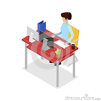 Secretary work on computer isometric 3D icon Vector Illustration