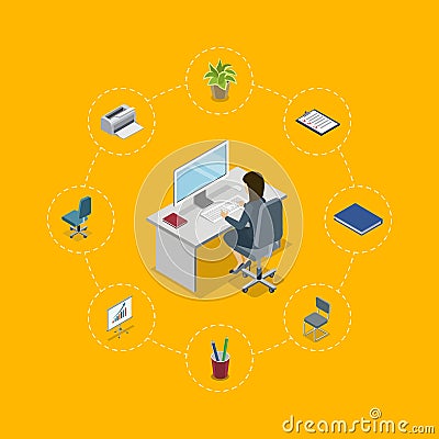 Secretary working in office at computer poster Cartoon Illustration