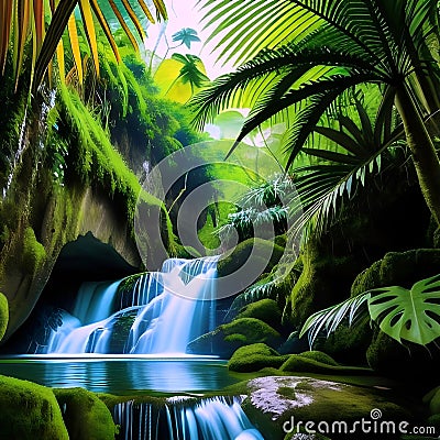 Secrets of the verdant canopy. Exploring a lush tropical rainforest with a cascading waterfall.AI generated Stock Photo