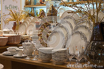 Section ceramic tableware in supermarket Siam Paragon. Bangkok, Thailand Editorial Stock Photo