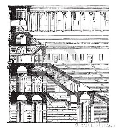 Section and elevation of the Colosseum, completed under Titus, vintage engraving Vector Illustration