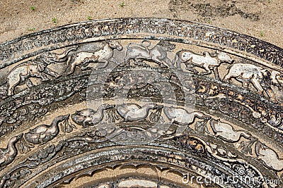 A section of the famous stone moonstone at the Ratnaprasada at Anuradhapua. Stock Photo