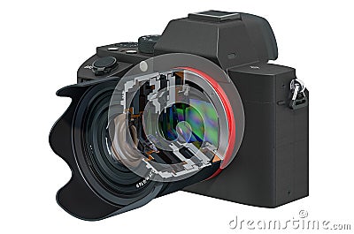 Sectional of mirrorless digital camera. 3D rendering Stock Photo