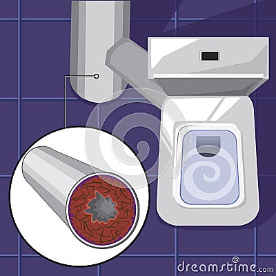 Sectional toilet bowl and blockage of sewer pipe as a concept of problems with plumbing and piping, vector stock illustration with Vector Illustration