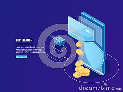 Secure Bank transfers via mobile device, online payment, credit card with smartphone and shield, electron money Vector Illustration