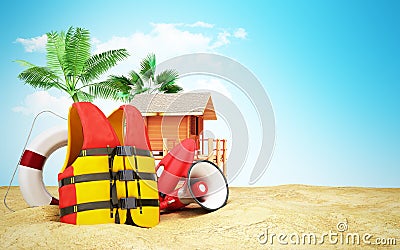 Secure beach concept Life jacket life ring and a horn and other Stock Photo
