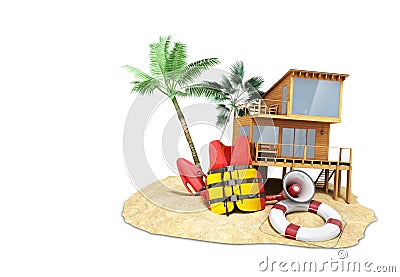 Secure beach concept Life jacket life ring and a horn and other Stock Photo