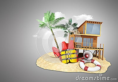 Secure beach concept Life jacket life ring and a horn and other Stock Photo