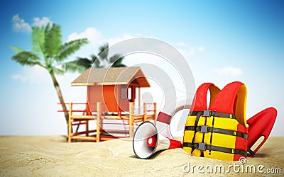 Secure beach concept Life jacket life ring and a horn and other Stock Photo