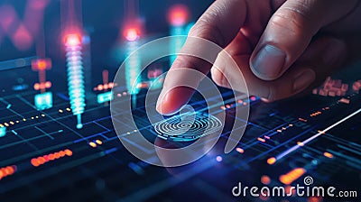 Secure biometric authentication for accessing digital stock market data with fingerprint scanning technology Stock Photo