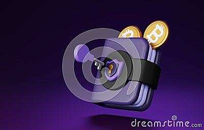 Secure bitcoin wallet crypto 3D icon and blockchain security 3d render Cartoon Illustration