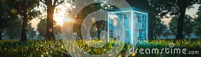 Secure blockchain voting booth in futuristic design, low angle grass view, ample copy space Stock Photo
