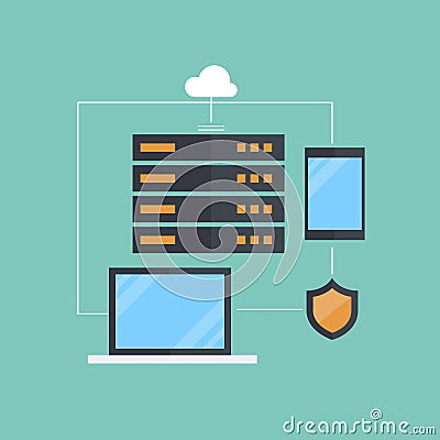 Secure cloud computing, data protection, privacy protection, cyber security and secure hosting solution concept. Vector Illustration