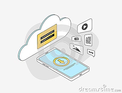 Secure cloud and file backup services. Online cloud storage backup for emails, photos, personal data and documents Vector Illustration