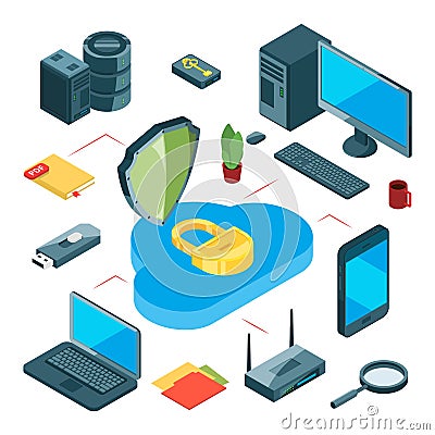 Secure cloud storage. Isometric data storage vector concept. Information transfer, internet and local network Vector Illustration