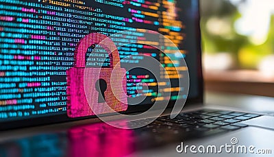Secure Code Padlock Symbol Over Programming Code on Laptop Screen, Software Security Concept Stock Photo