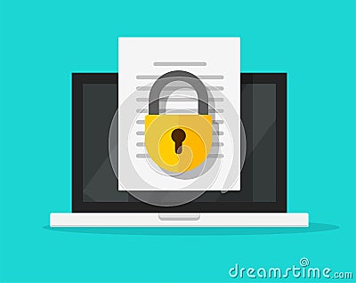 Secure confidential document online access with private lock on laptop computer text file vector flat icon, digital web Vector Illustration