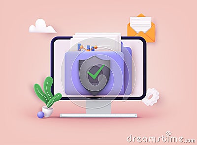 Secure confidential files folder with paper documents access and private lock. 3D Vector Illustrations Vector Illustration