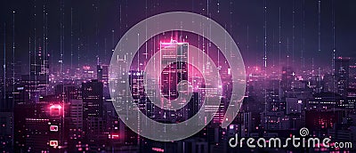 Secure Connection Glow: Business Data Streams Over Cityscape. Concept Networking Security, Urban Stock Photo