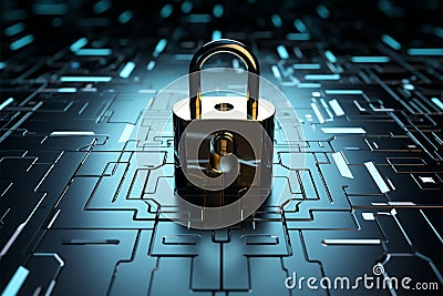 Secure 3D lock with a tech inspired backdrop and subtle blue lines Stock Photo