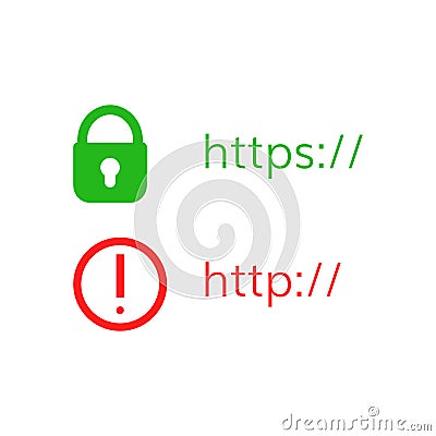 Secure and dangerous website. Green secure access permission and red suspicious Stock Photo