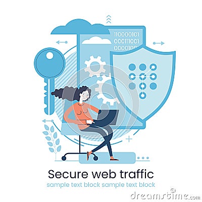 Secure data transmission concept. Access right. Safe file sharing. Protected web traffic. VPN. Analytical traffic assessment. Vector Illustration