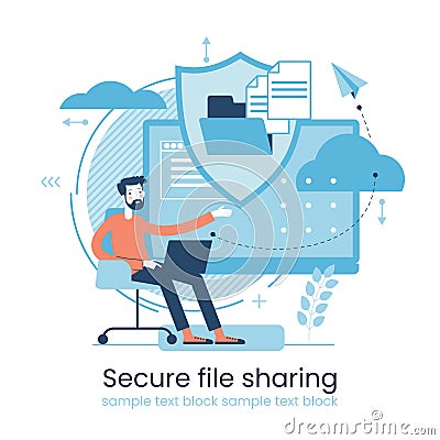 Secure data transmission concept. Access right. Safe file sharing. Protected web traffic. VPN. Analytical traffic assessment. Vector Illustration