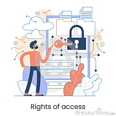 Secure data transmission concept. Access right. Safe file sharing. Protected web traffic. VPN. Analytical traffic assessment. Vector Illustration