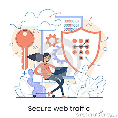 Secure data transmission concept. Access right. Safe file sharing. Protected web traffic. VPN. Analytical traffic assessment. Vector Illustration