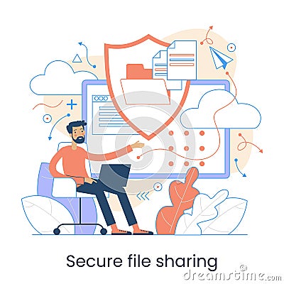 Secure data transmission concept. Access right. Safe file sharing. Protected web traffic. VPN. Analytical traffic assessment. Vector Illustration