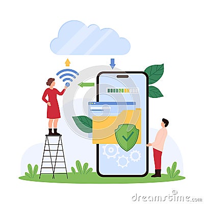 Secure data upload, cyber security, firewall protection, tiny people load document Vector Illustration